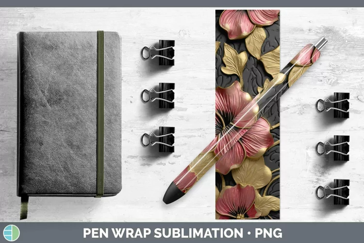 Black Gold Flowers Petunia Pen Wrap Sublimation Epoxy Pen De