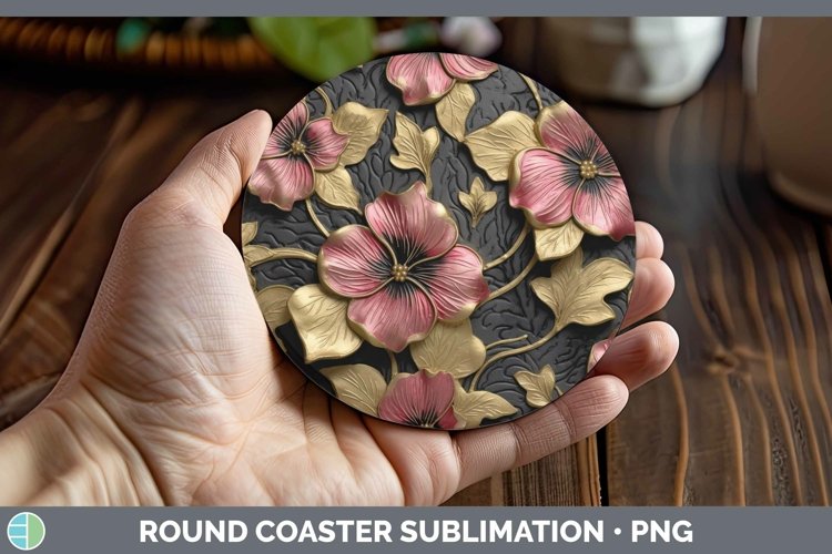 GorgeousBlack Gold Flowers Round Coaster design.