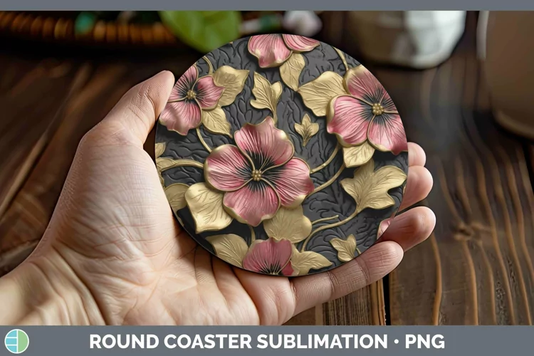 Black Gold Flowers Petunia Round Coaster Sublimation Coaster