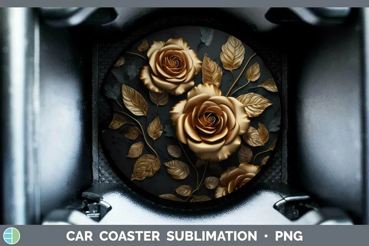 Black Gold Flowers Rose Car Coaster Sublimation Coaster Desi