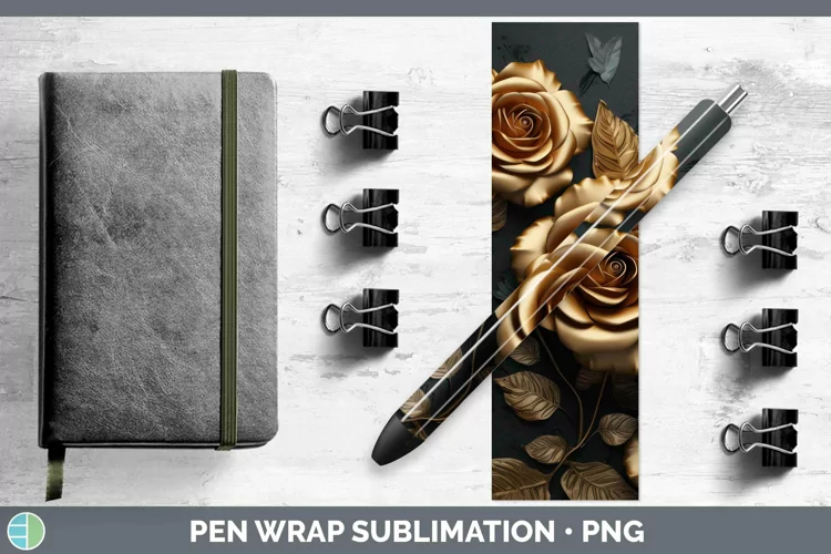 Black Gold Flowers Rose Pen Wrap Sublimation Epoxy Pen Desig