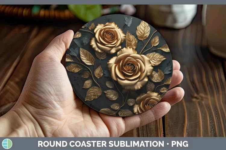 Black Gold Flowers Rose Round Coaster Sublimation Coaster De