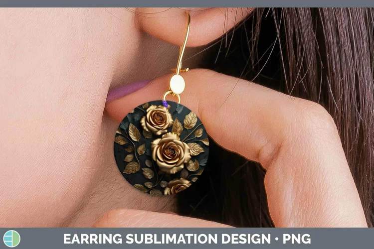 Black Gold Flowers Rose Round Earrings Sublimation Earrings