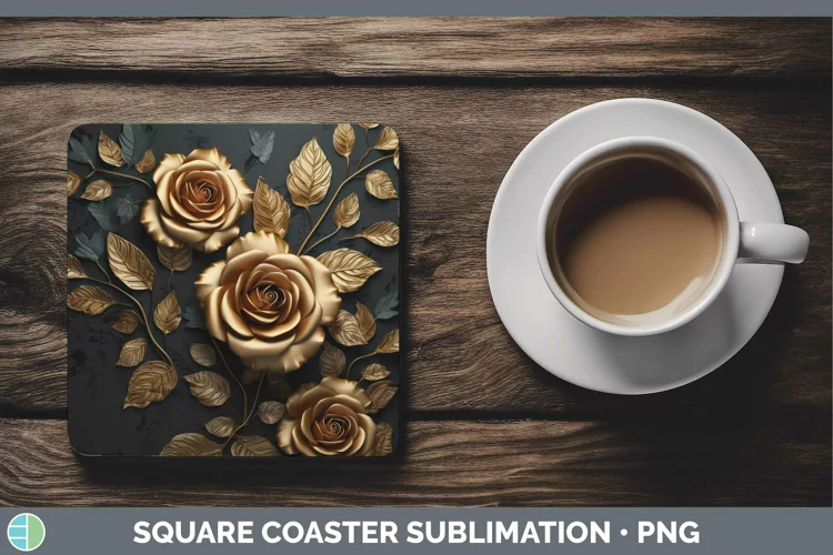 Black Gold Flowers Rose Square Coaster Sublimation Coaster D