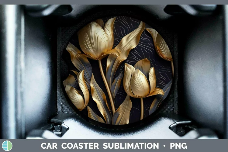Black Gold Flowers Tulip Car Coaster Sublimation Coaster Des