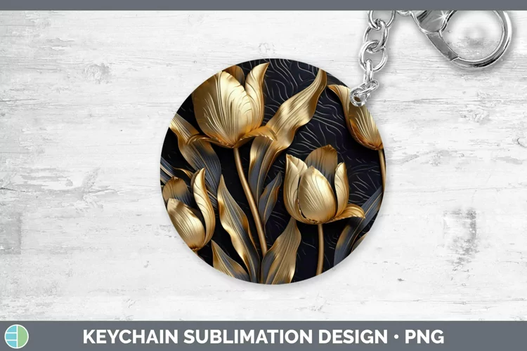 Black Gold Flowers Tulip Keychain Sublimation Keyring Design