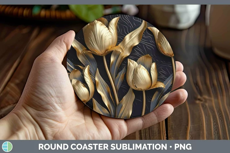 Black Gold Flowers Tulip Round Coaster Sublimation Coaster D