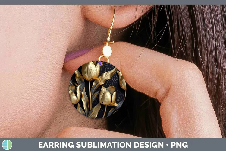 Black Gold Flowers Tulip Round Earrings Sublimation Earrings
