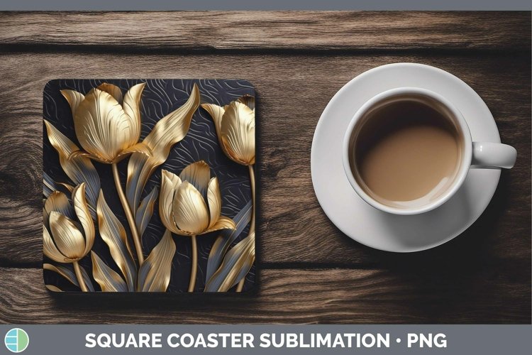 GorgeousBlack Gold Flowers Square Coaster design.