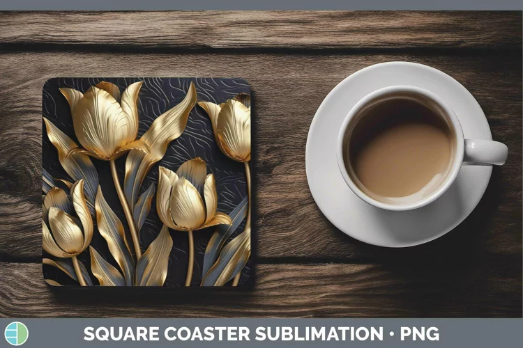 Black Gold Flowers Tulip Square Coaster Sublimation Coaster