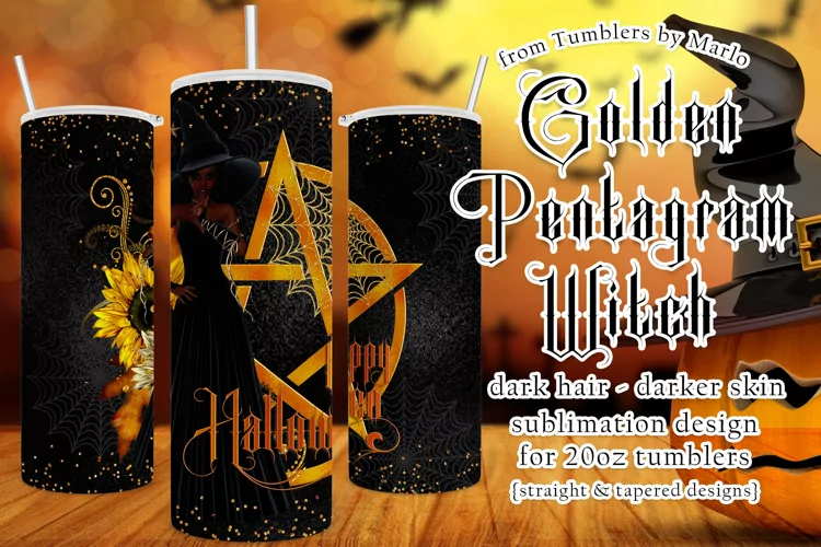 Halloween Witch Golden Pentgram 20oz Tumbler, Dark Hair