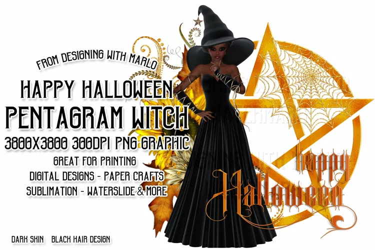 Happy Halloween Pentagram Dark Hair Dark Witch PNG Graphic