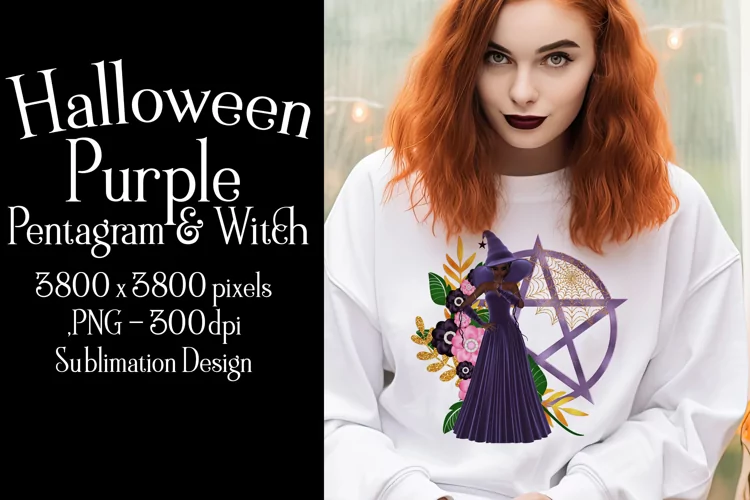 Purple Pentagram and Witch, Halloween Sublimation Design, d1