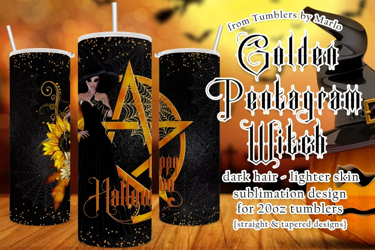 Halloween Witch Golden Pentgram 20oz Tumbler, Dark Hair