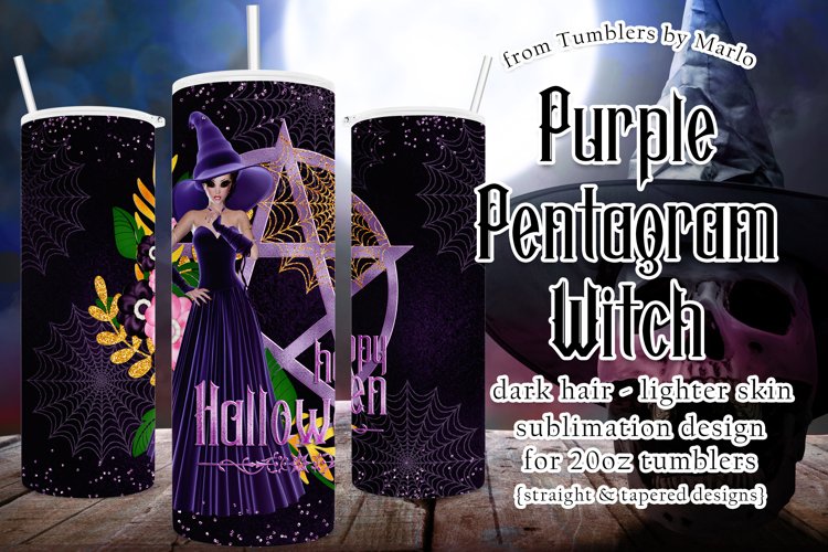 Halloween Witch Purple Pentgram 20oz Tumbler, Dark Hair example image 1