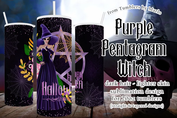 Halloween Witch Purple Pentgram 20oz Tumbler, Dark Hair