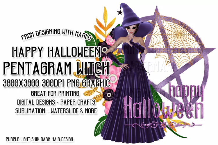 Purple Halloween Pentagram Dark Hair Light Witch PNG Graphic