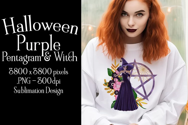 Purple Pentagram and Witch, Halloween Sublimation Design, d2