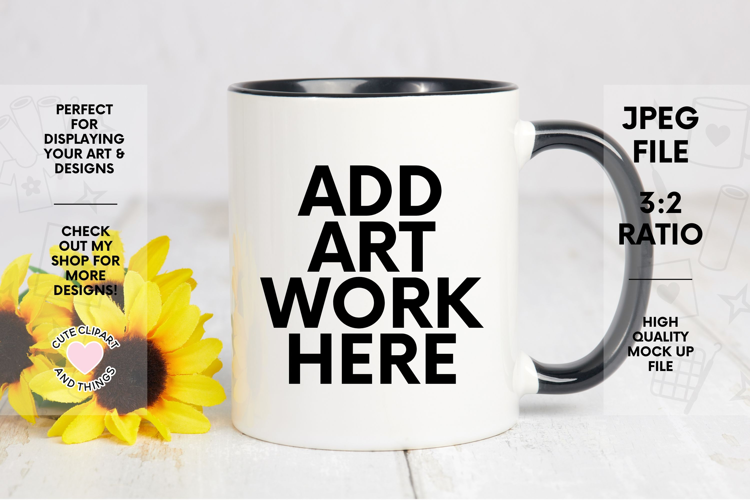 Mug Mock Up | 11oz Black Handle Mug Mock Up With Sunflowers