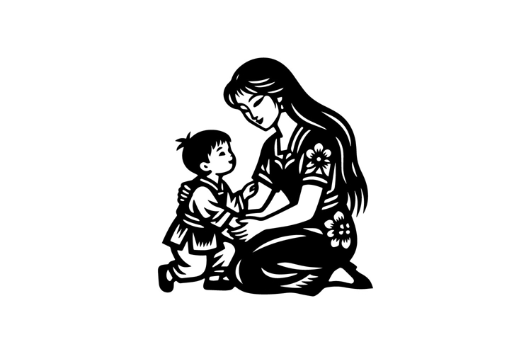 Black illustration art mother and child concept