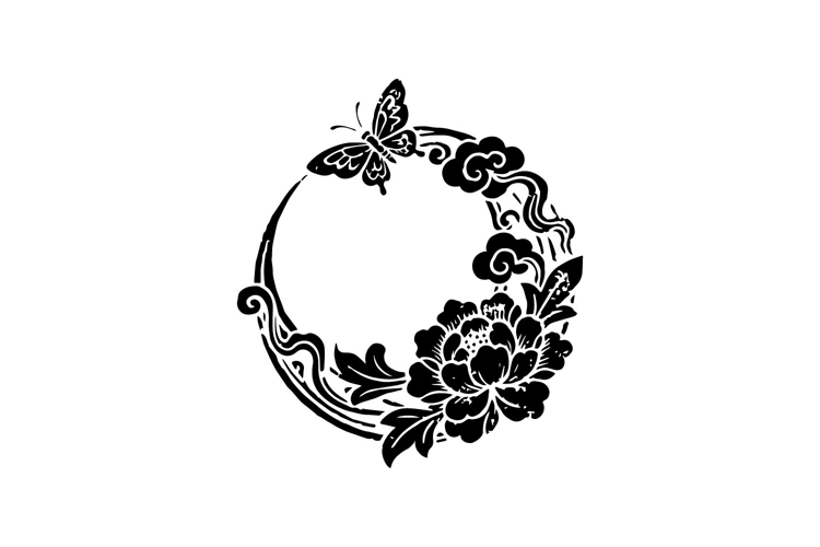 Black illustration moon with floral and butterfly art isolat