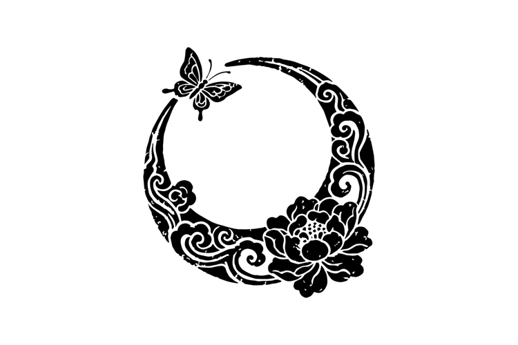 Black illustration moon with floral and butterfly art templa