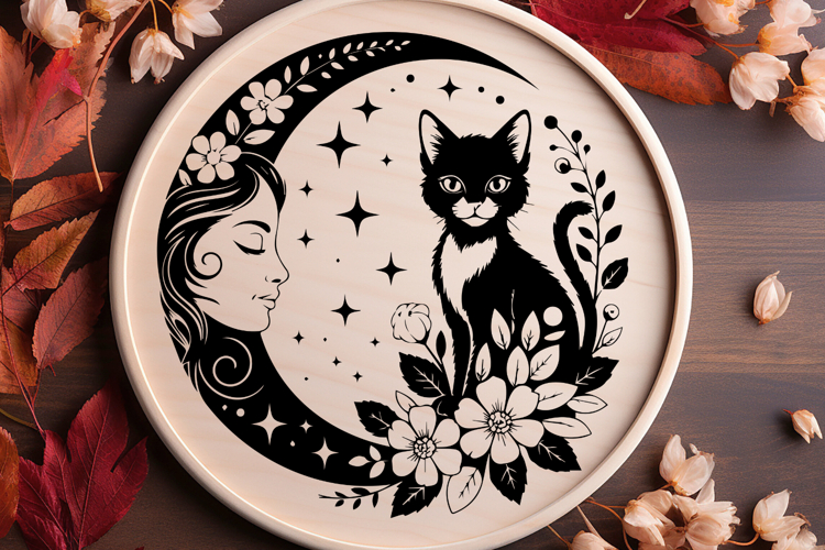 Black kitten moon lady flowers SVG