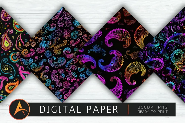 Black Paisley Neon Colors Digital Paper