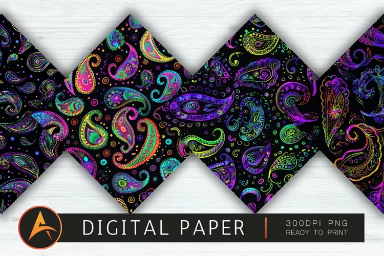 Black Paisley Neon Colors Digital Paper