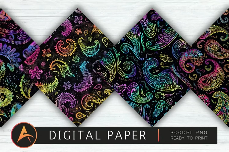 Black Paisley Neon Colors Digital Paper