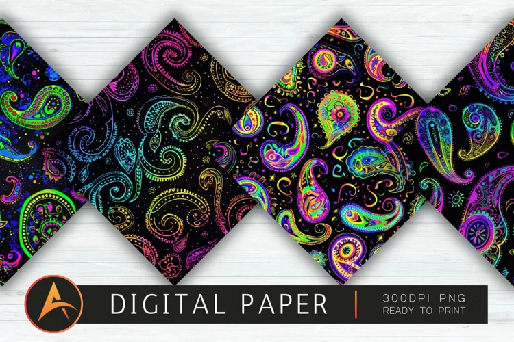 Black Paisley Neon Colors Digital Paper