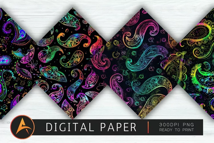 Black Paisley Neon Colors Digital Paper