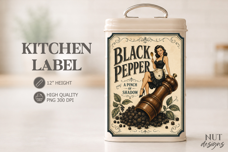 Vintage Black Pepper Kitchen Label Pin up girl