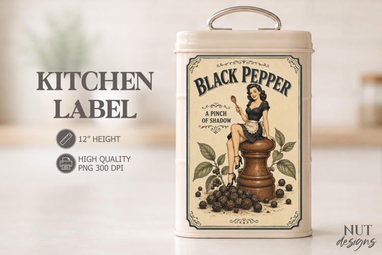 Pin up girl Vintage Black Pepper Kitchen Label pantry label