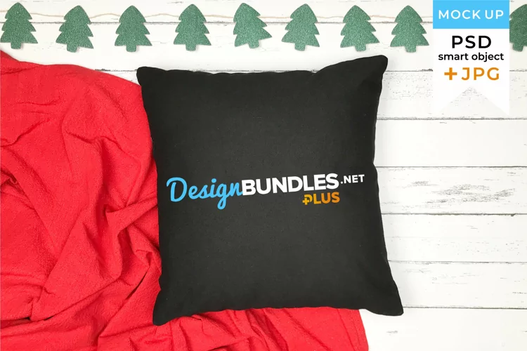 Black pillow mockup Christmas with red blanket and garland