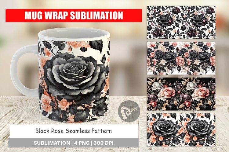 Mug Wrap Design Black Rose Pattern