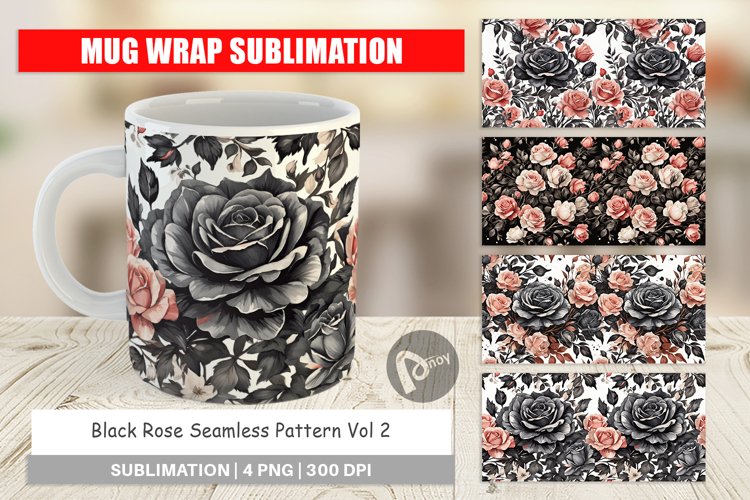 Mug Wrap Design Black Rose Pattern