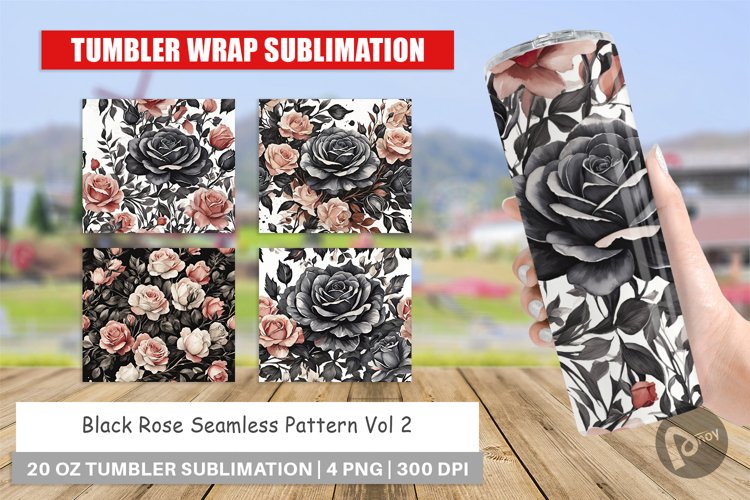 Tumbler Wrap Black Rose Pattern