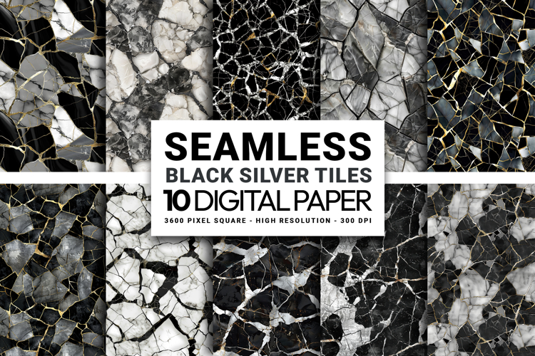 Black Silver Mosaic Marble Digital Paper Pack