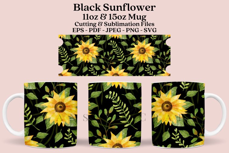black sunflower coffee mug sublimation wrap glass mug wrap svg presized for 11oz and 15oz glass ready to cut and sublimation files