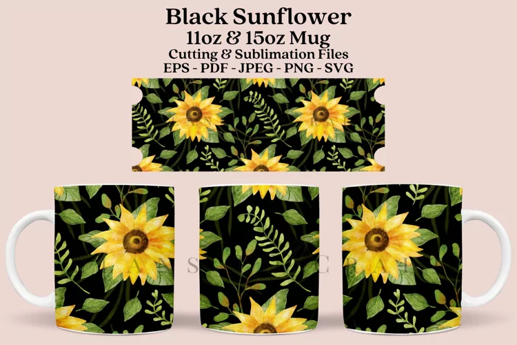 Black Sunflower Mug Sublimation Wrap 11oz - 15oz
