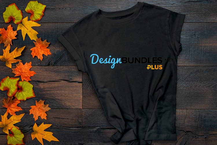 Black T-Shirt mock up autumn decoration wooden background
