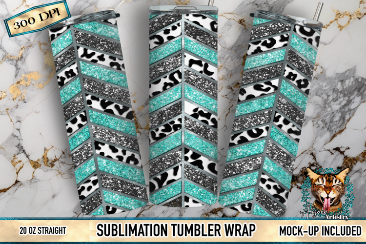 Black & Teal Glitter Tangram Tumbler Wrap PNG
