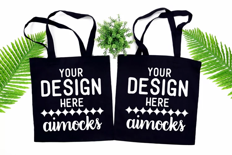 Black Tote Bags Mockup, Front and Back, Green Nature Leaves
