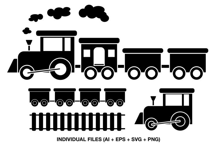 Black train silhouette clipart featuring steam locomotive, carriages, railway track and smoke