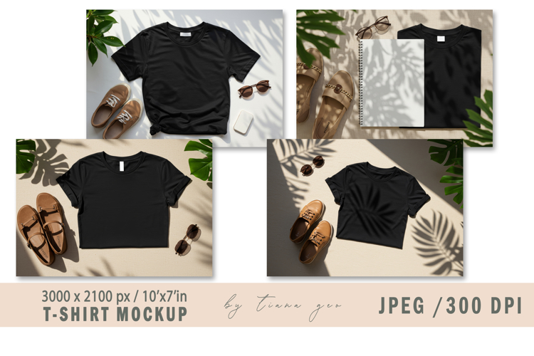 Black T-Shirt Mockup with Tropical Leaf - 4 Flat Lay JPEGs