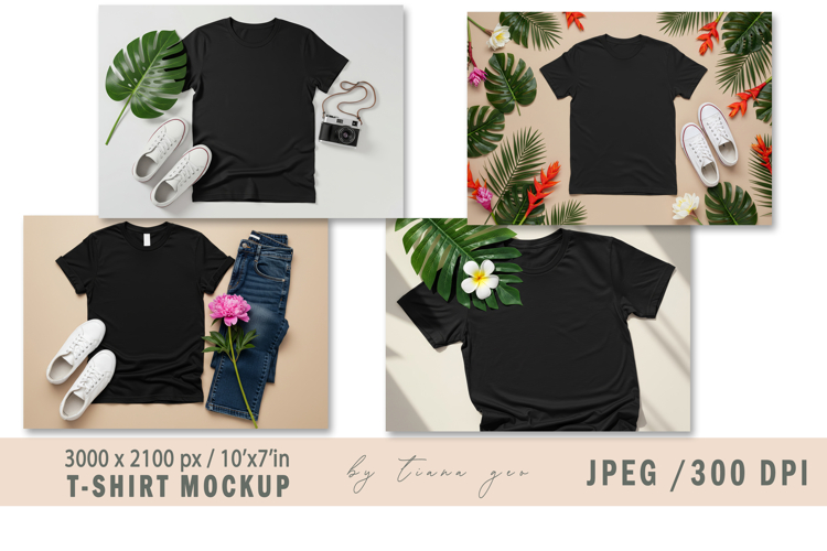Black T-Shirt Mockup with Monstera Leaf - 4 Flat Lay JPEGs