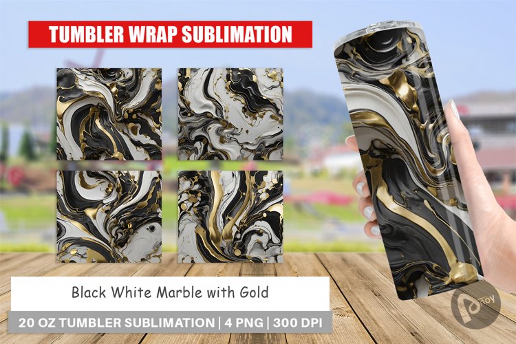 Tumbler Sublimation Wrap Black White Marble Gold