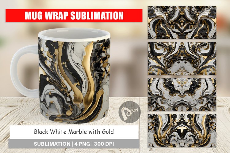 Mug Wrap Design Black White Marble Gold