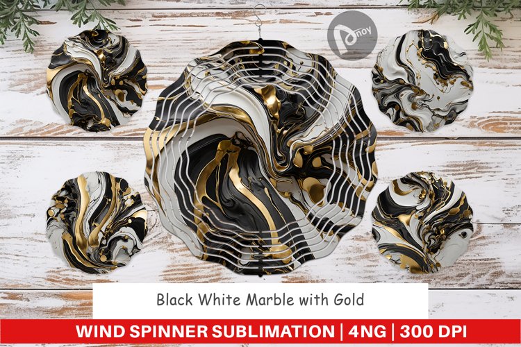 Wind Spinner Black White Marble Gold